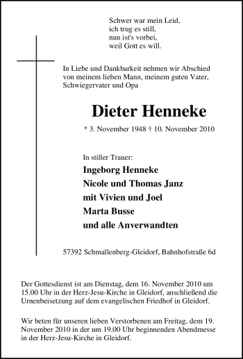 Traueranzeige von Dieter Henneke von Tageszeitung