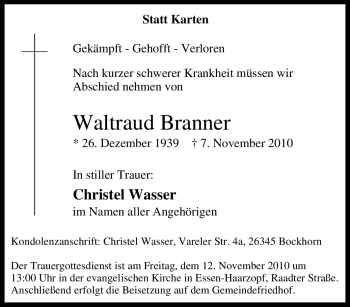 Traueranzeige von Waltraud Branner von Tageszeitung