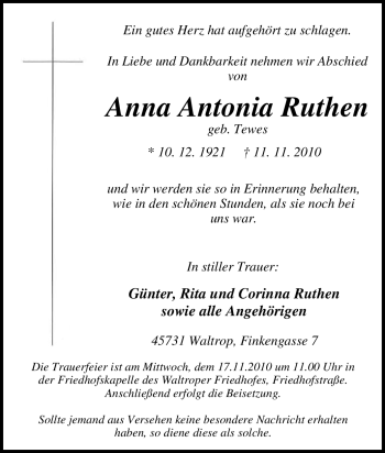 Traueranzeige von Anna Antonia Ruthen von Tageszeitung
