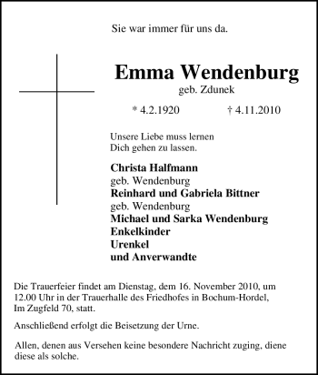 Traueranzeige von Emma Wendenburg von Tageszeitung