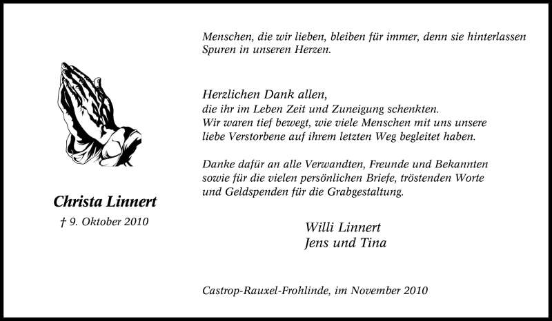  Traueranzeige für Christa Linnert vom 24.11.2010 aus Tageszeitung