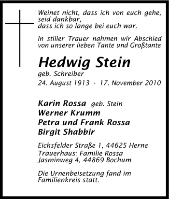 Traueranzeige von Hedwig Stein von Tageszeitung