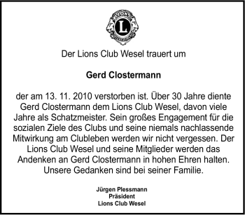 Traueranzeige von Gerd Clostermann von Tageszeitung