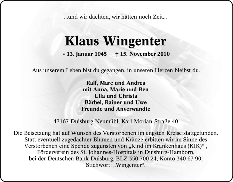  Traueranzeige für Klaus Wingenter vom 24.11.2010 aus Tageszeitung