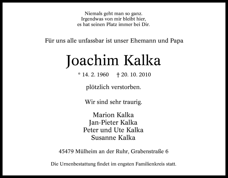  Traueranzeige für Joachim Kalka vom 02.11.2010 aus Tageszeitung