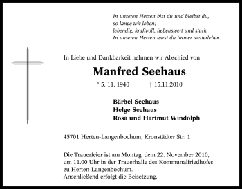 Traueranzeige von Manfred Seehaus von Tageszeitung