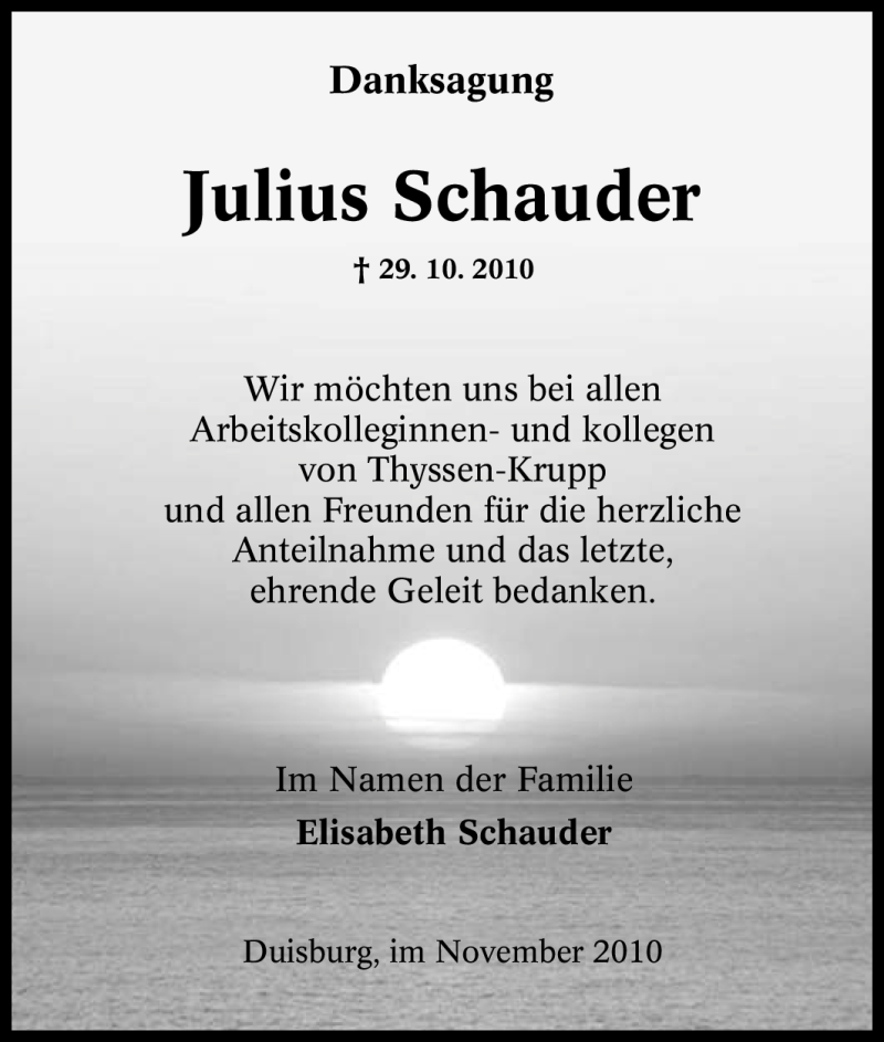  Traueranzeige für Julius Schauder vom 17.11.2010 aus Tageszeitung