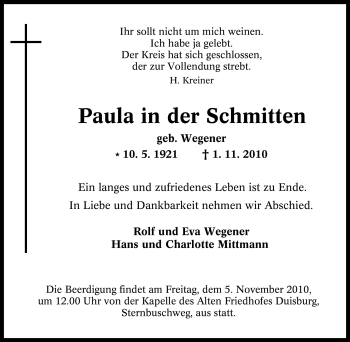 Traueranzeige von Paula in der Schmitten von Tageszeitung
