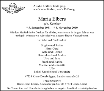 Traueranzeige von Maria Elbers von Tageszeitung