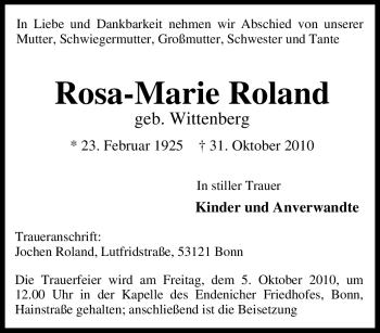 Traueranzeige von Rosa-Marie Roland von Tageszeitung