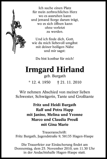 Traueranzeige von Irmgard Hirland von Tageszeitung