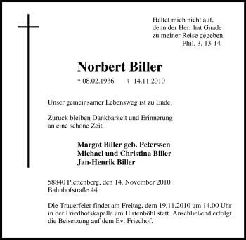 Traueranzeige von Norbert Biller von Tageszeitung