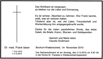 Traueranzeige von Frank Isken von Tageszeitung