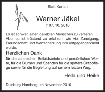 Traueranzeige von Werner Jäkel von Tageszeitung