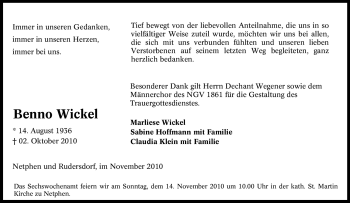 Traueranzeige von Benno Wickel von Tageszeitung