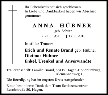 Traueranzeige von Anna Hübner von Tageszeitung