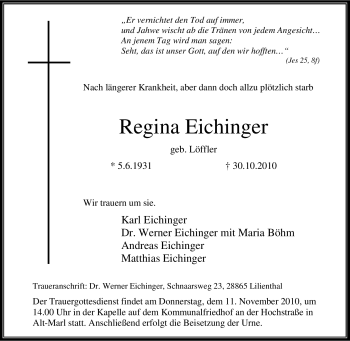 Traueranzeige von Regina Eichinger von Tageszeitung