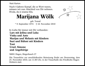 Traueranzeige von Marijana Wölk von Tageszeitung