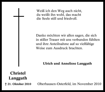 Traueranzeige von Christel Langguth von Tageszeitung