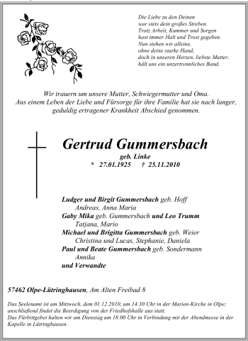 Traueranzeige von Gertrud Gummersbach von Tageszeitung