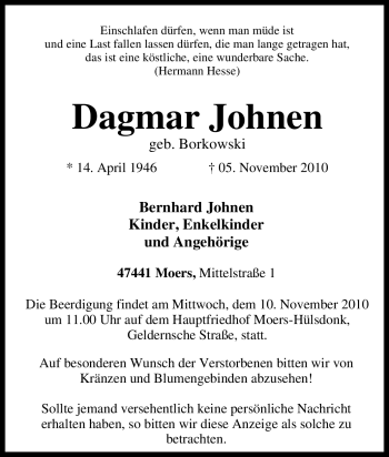 Traueranzeige von Dagmar Johnen von Tageszeitung