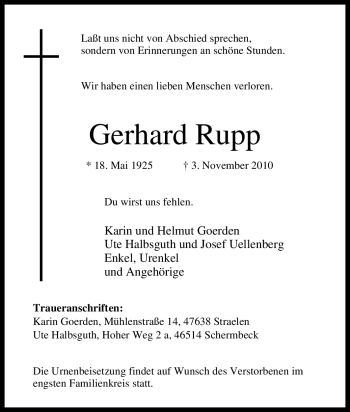 Traueranzeige von Gerhard Rupp von Tageszeitung