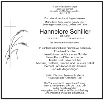 Traueranzeige von Hannelore Schiller von Tageszeitung
