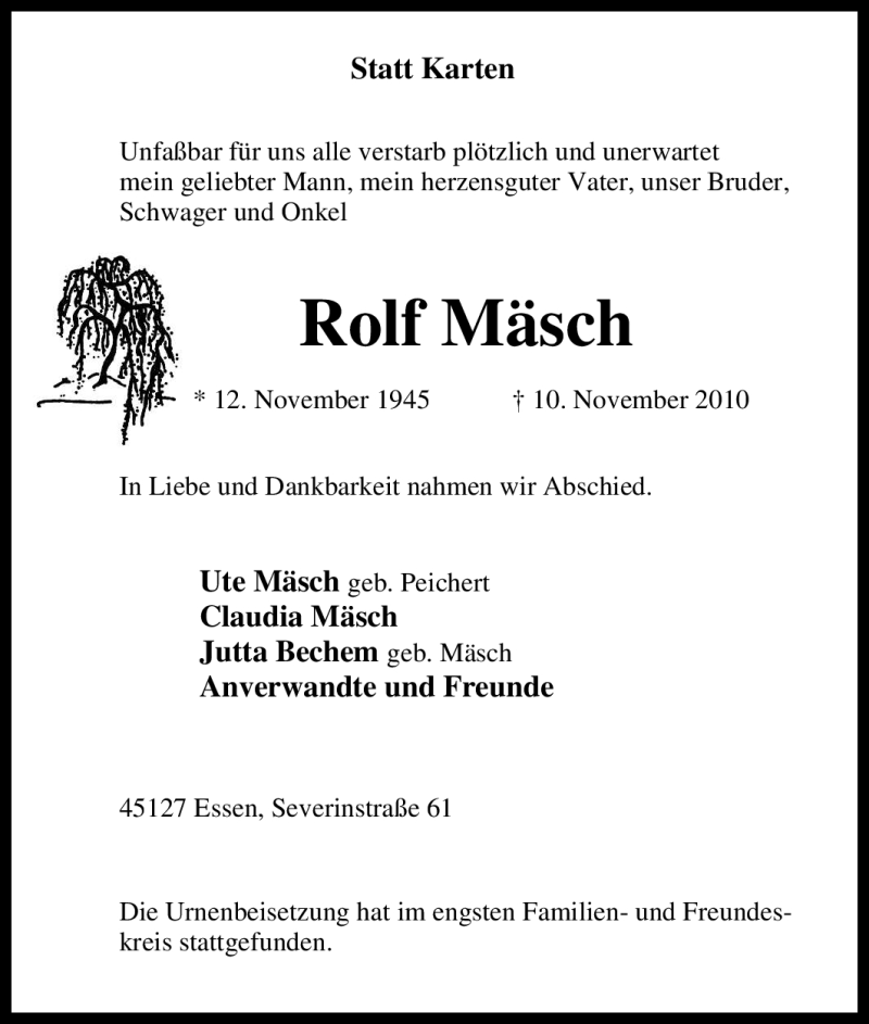  Traueranzeige für Rolf Mäsch vom 23.11.2010 aus Tageszeitung