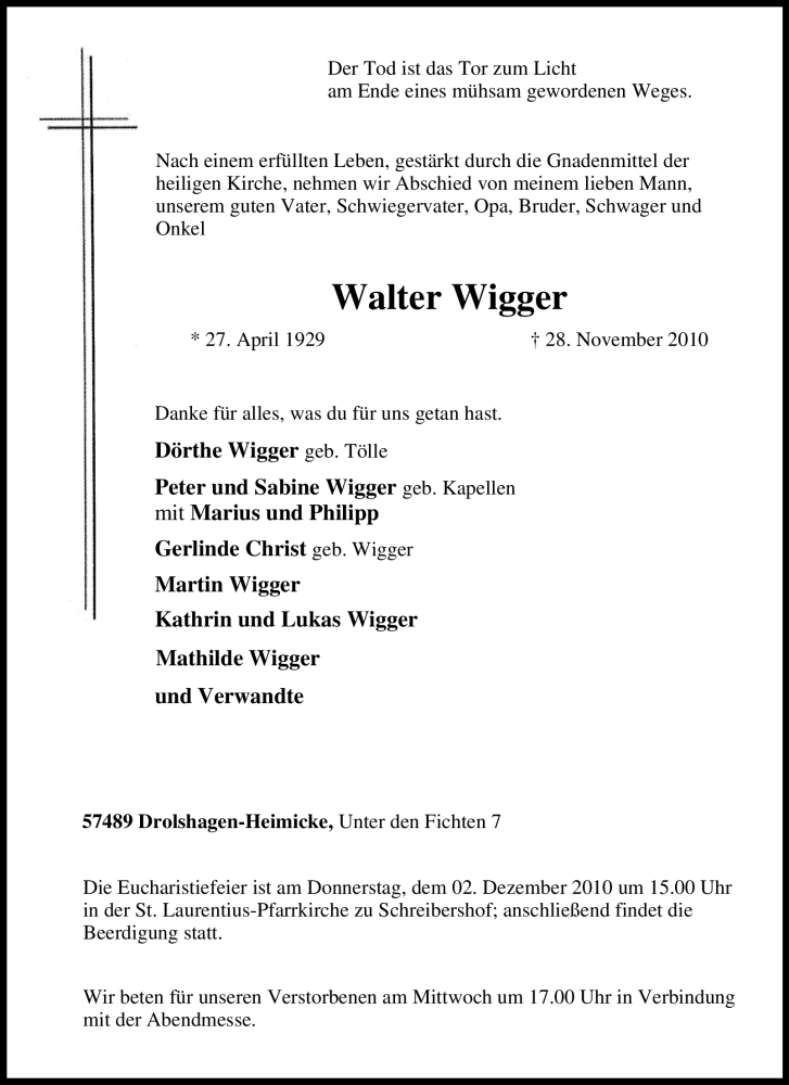  Traueranzeige für Walter Wigger vom 30.11.2010 aus Tageszeitung