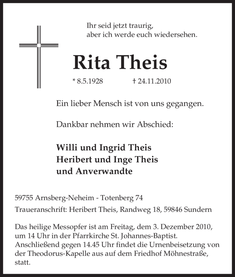  Traueranzeige für Rita Theis vom 29.11.2010 aus WESTDEUTSCHE ALLGEMEINE ZEITUNG