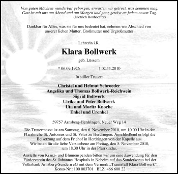 Traueranzeige von Klara Bollwerk von Tageszeitung