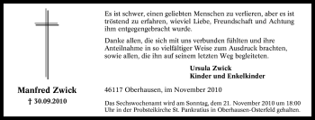 Traueranzeige von Manfred Zwick von Tageszeitung