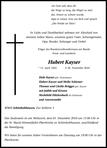 Traueranzeige von Hubert Kayser von Tageszeitung