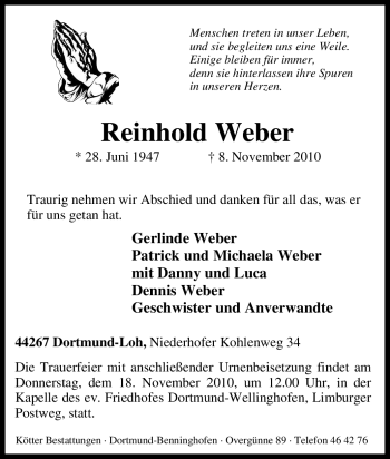 Traueranzeige von Reinhold Weber von Tageszeitung