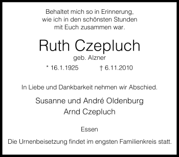Traueranzeige von Ruth Czepluch von Tageszeitung