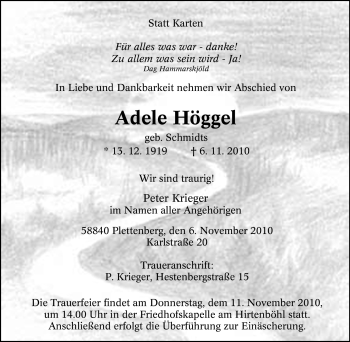 Traueranzeige von Adele Höggel von Tageszeitung