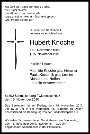 Traueranzeige von Hubert Knoche von Tageszeitung
