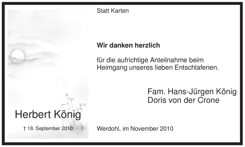  Traueranzeige für Herbert König vom 16.11.2010 aus Tageszeitung