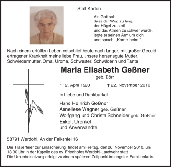 Traueranzeige von Maria Elisabeth Geßner von Tageszeitung