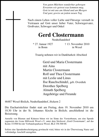 Traueranzeige von Gerd Clostermann von Tageszeitung