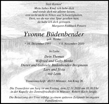 Traueranzeige von Yvonne Büdenbender von Tageszeitung