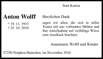 Traueranzeige von Anton Wolff von Tageszeitung