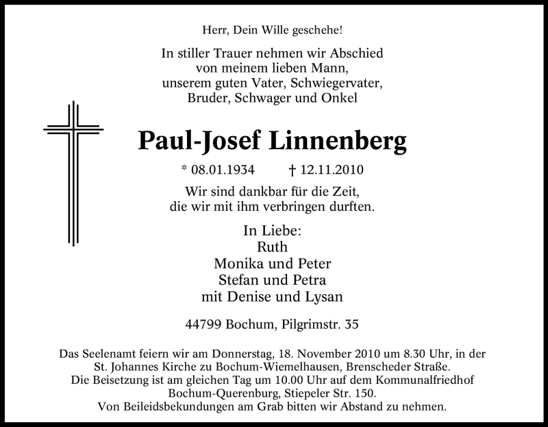  Traueranzeige für Paul-Josef Linnenberg vom 15.11.2010 aus Tageszeitung