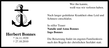 Traueranzeige von Herbert Bonnes von Tageszeitung