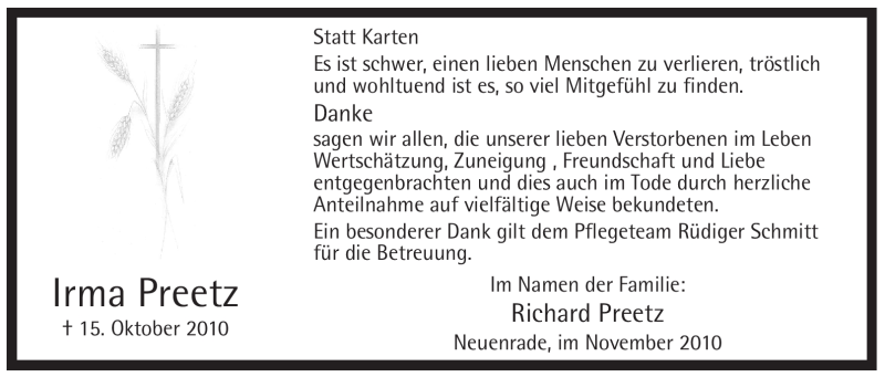  Traueranzeige für Irma Preetz vom 20.11.2010 aus Tageszeitung