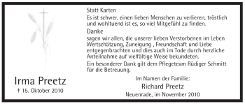 Traueranzeige von Irma Preetz von Tageszeitung