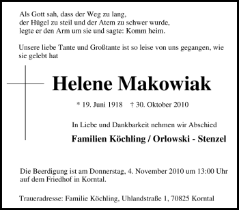 Traueranzeige von Helene Makowiak von Tageszeitung