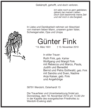Traueranzeige von Günter Fink von Tageszeitung