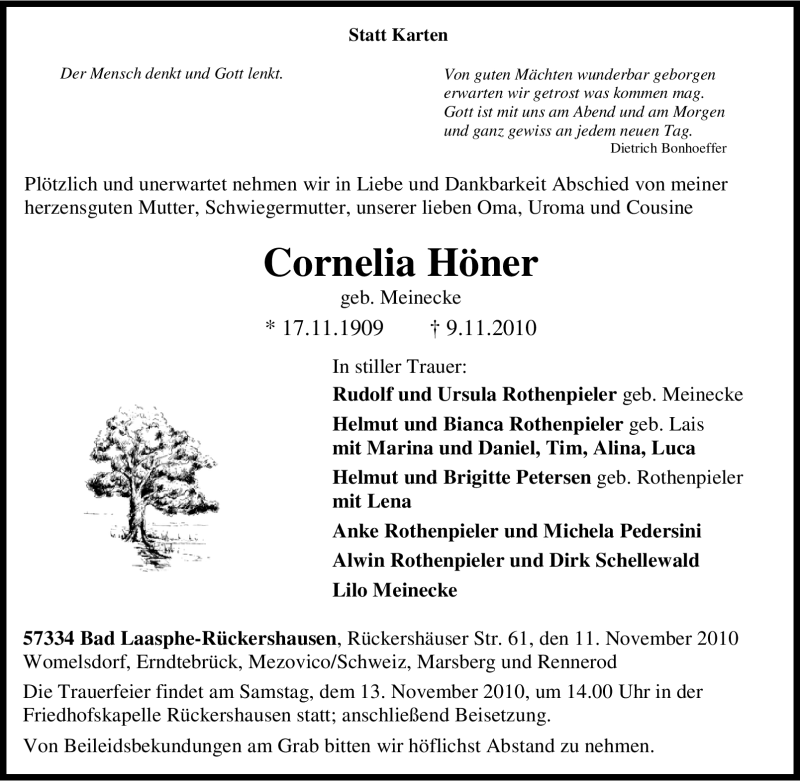  Traueranzeige für Cornelia Höner vom 11.11.2010 aus Tageszeitung