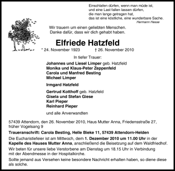 Traueranzeige von Elfriede Hatzfeld von Tageszeitung